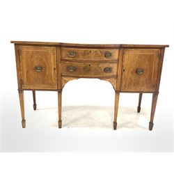 Georgian mahogany break bow front sideboard, cross banded top over two cupboards and two drawers to centre, raised on square tapered supports with peg feet W129cm, H80cm, D52cm