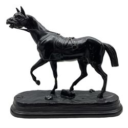 After Jules Moigniez, black painted spelter model of a Horse on oval base, inscribed signature H21cm 