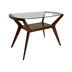 Ico Parisi for Cassina - mid-20th century walnut side table, on angular supports with curved top rails, shaped glass top and undertier 