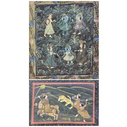 Rajasthani School (19th century): Pichwai Painting of Krishna with Gopies, painting on linen unsigned 55cm x 46cm; Mughal School (Early 20th century): Tiger Hunting Scene, painting on linen unsigned 20cm x 29cm (2)