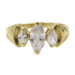 9ct gold three stone marquise shaped cubic zirconia ring, hallmarked 