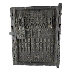 African Dogon granary door, heavily carved with figures, animals and birds 50cm x 40cm