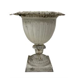 Pair white painted egg shaped garden urns, foliate decorated rim over moulded body, stepped circular stem on square base