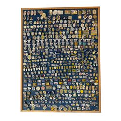 Leeds United football club - approximately six-hundred pin badges including player badges (Billy Bremner, Rio Ferdinand etc), charity badges, South Park, Ulster etc, on board
