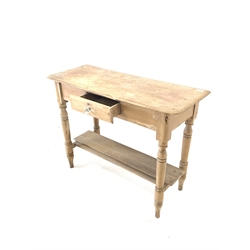 Victorian pine side table, fitted with one drawer, raised on turned supports united by under tier
