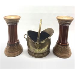 Pair of West German jardiniere stands and a brass coal scuttle (3)