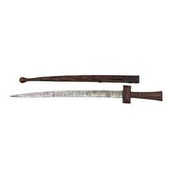 African tribal sword, the blade engraved on both sides and with leather covered scabbard probably Sudanese, blade length 58cm