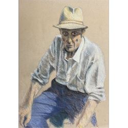 Barry De More (Northern British 1948-2023): 'Austrian Man' in Straw Hat, pastel signed and dated '87, titled verso 52cm x 37cm
Provenance: direct from the family of the artist Notes: a Yorkshire Artist and Associate Member of Dean Clough Studio Artists, De More's works have been exhibited in galleries such
 as The Stirling Smith Art Gallery and The Whitaker Museum