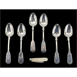 Set of six Victorian silver fiddle pattern rea spoons engraved with initial London 1841 Maker William Eaton and a Victorian silver and mother of pearl fruit knife Birmingham 1887 Maker Hilliard & Thomason