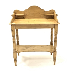 Victorian stripped pine wash stand, with three quarter galleried top raised on turned supports united by under tier, W76cm
