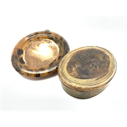 18th century oval horn box attributed to John Obrisset, the cover moulded with a portrait in profile of King Charles I in armour L10cm and a 19th century oval Tortoiseshell pique work frame with later portrait (2)