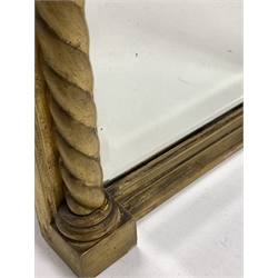 Regency gilt wood and gesso framed pier glass mirror, globular projecting cornice, barley twist upright pilasters with acanthus capitals, bevelled mirror plate, 52cm x 86cm