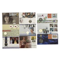 Nine The Royal Mint five pound coin covers, including 1996 'Her Majesty Queen Elizabeth II 70th Birthday', 1998 'HRH The Prince of Wales 50', 2002 'Her Majesty Queen Elizabeth The Queen Mother a Life Remembered' etc