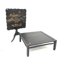  Chinese style black painted with panelled top and moulded square supports, (89cm x 89cm, H33cm) and a Chinoiserie top fold over tripod table, (W75cm)  