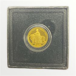 Queen Elizabeth II Alderney 2019 gold quarter Sovereign coin, 'The 2019 Queen Victoria 200th Anniversary 24 Carat Gold Quarter Sovereign', with Hattons of London certificate and box