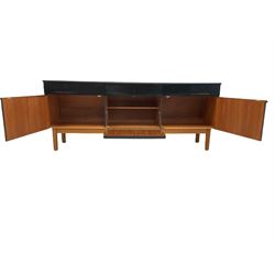 Remploy teak sideboard, fitted with three drawers over three cupboards, raised on square supports W185cm, H75cm, D48cm 