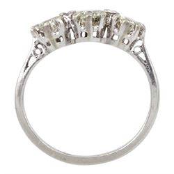 Platinum three stone round brilliant cut diamond ring, total diamond weight approx 0.90 carat