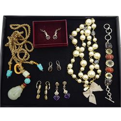 Silver stone set bracelet, 18ct gold and silver amethyst pendant stud earrings, two other pairs of silver earrings, all stamped, pair of gilt pendant earrings, jade and turquoise necklace and a United Arrows faux pearl necklace