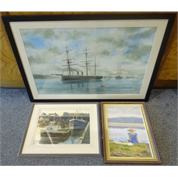 M Sharpe (British 20th century): 'Ironclads', oil on board signed and dated '86, with another painting of a lighthouse verso, Ken Perry (British 20th century): 'Return to Scarborough', watercolour signed, titled verso, Lady Reading by a Lake, acrylic on board signed JRW, and Coastal Town, watercolour signed D B Lloyd, max 48cm x 73cm (4)