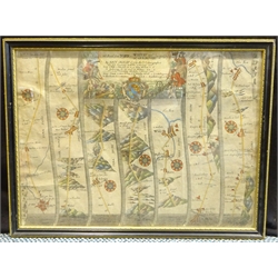 17th century John Ogilby (1600-1676) strip map 'The Roads from York to Whitby and Scarborough' pub. 1675, hand coloured 33cm x 44cm