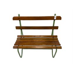Small garden bench, green painted strapwork metal supports with wooden slats