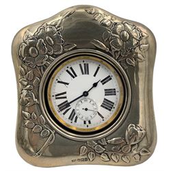 Swiss open face pocket watch with nickel case in an Edwardian silver mounted bedside case embossed with flowers and on easel stand Birmingham 1906 Maker Joseph Gloster