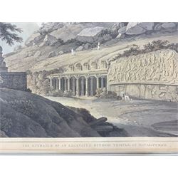 By and after Thomas Daniell R A (British 1749-1840) and William Daniell (British 1769-1837): 'The Entrance of an Excavated Hindoo Temple at Mavalipuram' on the coast of Coromandel, aquatint with hand-colouring, plate 2 from the fifth edition of 'Oriental Scenery' called 'Antiquities of India' pub. 1799, 42cm x 59cm  Provenance:  3rd Earl of Feversham