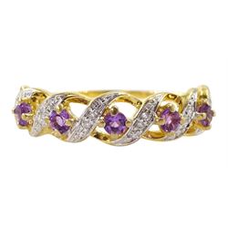 9ct gold five stone amethyst and diamond cross over ring, hallmarked