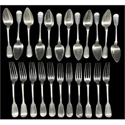 Set of twelve late 19th century Dutch silver fiddle and thread pattern table spoons and eleven matching forks Maker J M van Kempen with lion passant and Minerva head  marked for The Hague  50oz 