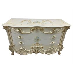 Silik Lo Stile Di Classe - Italian classical or baroque style ivory painted serpentine chest, shaped top over four serpentine drawers with scrolled decoration and moulded handles, flanked by ionic style column uprights, foliate and scrolling apron with central cartouche, raised on cabriole supports