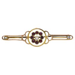 Early 20th century 9ct rose gold garnet and split pearl bar brooch