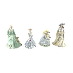 Seven Coalport figures comprising Femmes Fatales 'Emma Hamilton', Elaine, The Goose Girl, Ladies of Fashion Gail and Admiration and two others (7)