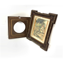 Victorian print 'The Ferry' in ornamental frame 72cm x 62cm together with a 19th/ early 20th century circular bevelled glass mirror set in an square oak surround with giltwood moulding 