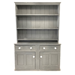  Solid pine painted dresser, three height plate rack over two drawer and two cupboards with ceramic pull handles, W151cm, H235cm, D46cm  