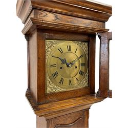 Unsigned - small longcase clock in a bespoke oak case with a two-train late 18th century weight driven movement and brass dial, small case of pleasing proportions in a mid 18th century style, square brass dial with spandrels and chapter ring, plain dial centre and steel hands, rack striking two train movement with an anchor escapement striking the hours on a cast bell. With weights, pendulum and key.