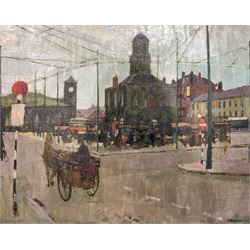 J Elcoat (Northern British mid 20th century): 'South Shields Market Place', oil on board signed, titled and dated 1954 verso 70cm x 88cm