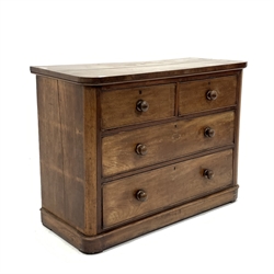 Victorian mahogany chest fitted with two short and two long drawers, with rounded corners, turned handles and plinth base, W120cm, H89cm, D51cm