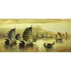 Chinese School (20th century): Junk Sailing on Chinese Coastline, oil on canvas indistinctly signed 'Pat L**' 60cm x 121cm