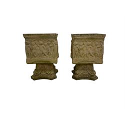 Pair of antique cast stone square planters, the relief frieze depicting a procession, raised on acanthus and scroll moulded column bases