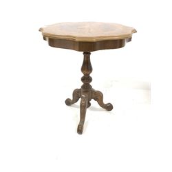 20th century Victorian style inlaid serpentine top occasional table, raised on turned supports and scroll carved triple splay supports W54cm, H4cm