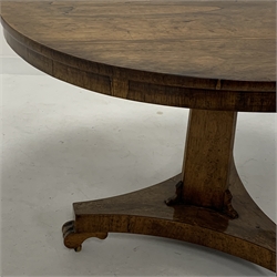  19th century rosewood pedestal centre table with circular top raised on panel sided pedestal, platform base and brass castors, 106cm x 106cm, H73cm  