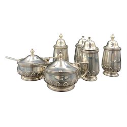 Silver circular double condiment set with lappet bases comprising pair of salts, pair of mustard pots and pair of pepperettes Birmingham 1939, Maker William Greenwood & Sons 12.3oz 