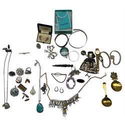 Early 20th century expanding mesh purse, Tiffany silver heart shaped key ring, boxed, large silver mounted faceted glass pendant, pair of vintage marcasite fing shaped earrings, watches and other costume jewellery 