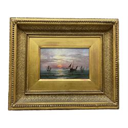 English School (Late 19th century): Sunset Sailing and Coastal Scene - Possibly of Teignmouth - Devon, pair oils on panel indistinctly signed, 10 x 17cm (2)