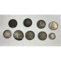 Four British West Indies anchor coinage 1822 sixteenth dollar coins, two Ionian Islands 30 lepta dated 1852 and 1857 etc (9)