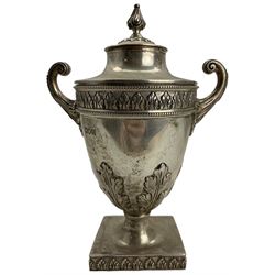 Edwardian silver urn shape cup and cover with twin handles, raised leaf decoration on pedestal and square foot H16cm London 1906 Maker C S Harris & Sons Ltd