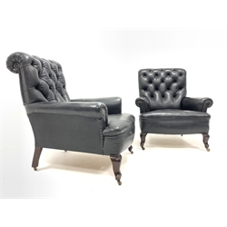 Pair of 19th century armchairs of generous proportions, upholstered in buttoned black leather, raised on mahogany supports and castors, W90cm, H100cm, D103cm 