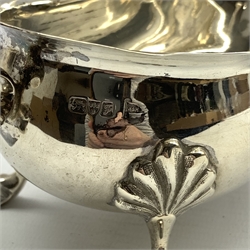 Georgian design silver sauceboat with crimped rim, leaf capped handle and triple supports Chester 1906 Maker Walker and Hall and a smaller silver sauce boat Birmingham 1916 12.3oz