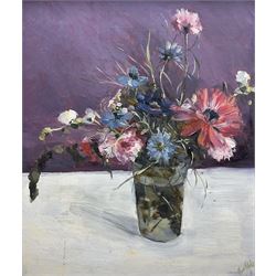 Kenneth Gribble (British 1925-1995): Still Life of Flowers in a Vase, oil on board signed and dated `60, Lincolnshire Artist`s Society exhibition label verso 30cm x 25cm