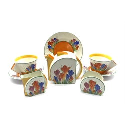 Wedgwood limited edition Clarice Cliff Design 'Tea For Two' comprising a 'Crocus' teapot, two teacups & saucers, milk jug, sugar bowl and toast plate, each with certificate of authenticity and box
